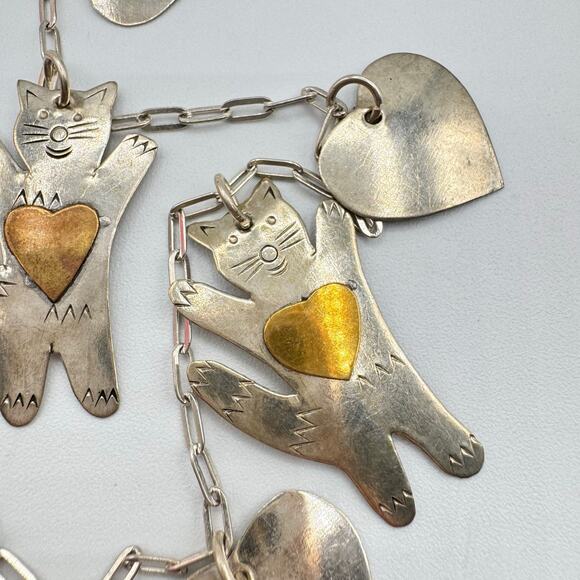 Vintage Silver Tone Cats Hearts Charm Necklace Brass Hearts Lightweight Artisan - Picture 8 of 15